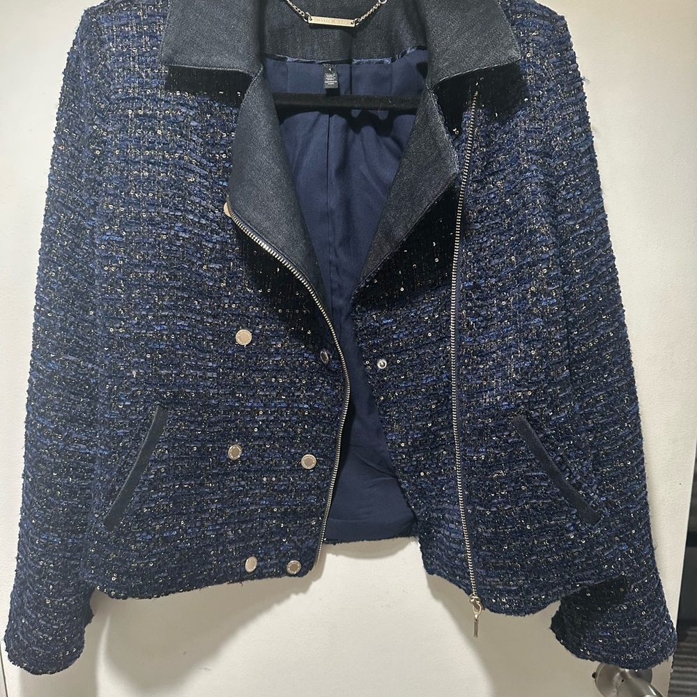 White House Black Market Blue Shimmer Tweed Moto Jacket 4 - Picture 12 of 13